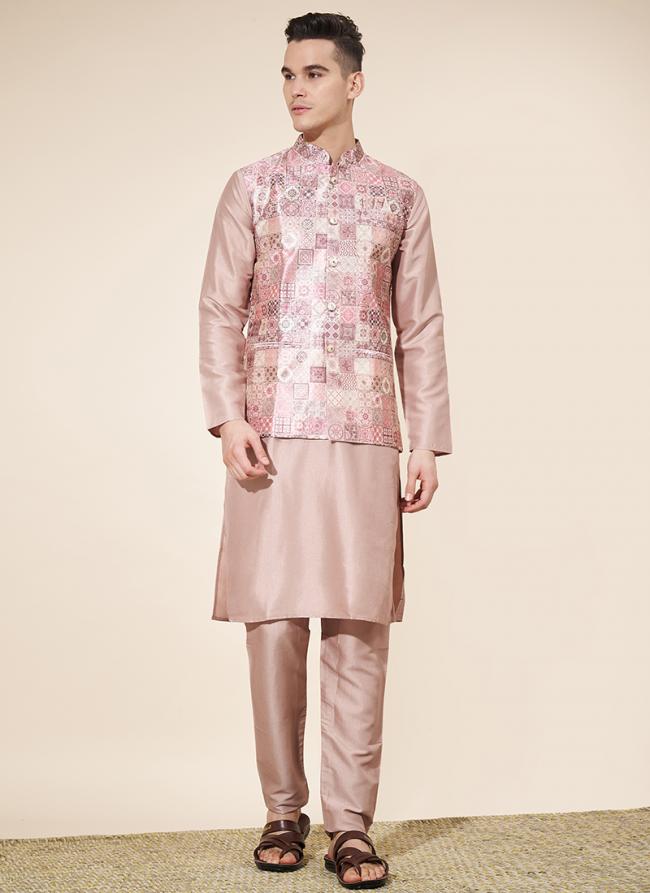 Pure Silk Peach Pink Wedding Wear Printed Readymade Modi Jacket Kurta Pajama